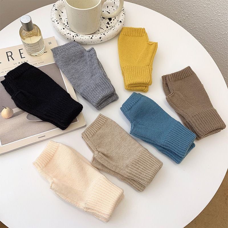 Autumn Winter Women Simple Solid Color Wool Knitted Half-Finger Gloves