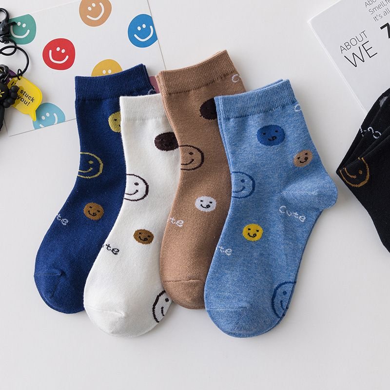 Kids Boys Girls Cute Basic Cartoon Smiley Alphabet Mid-Calf Socks